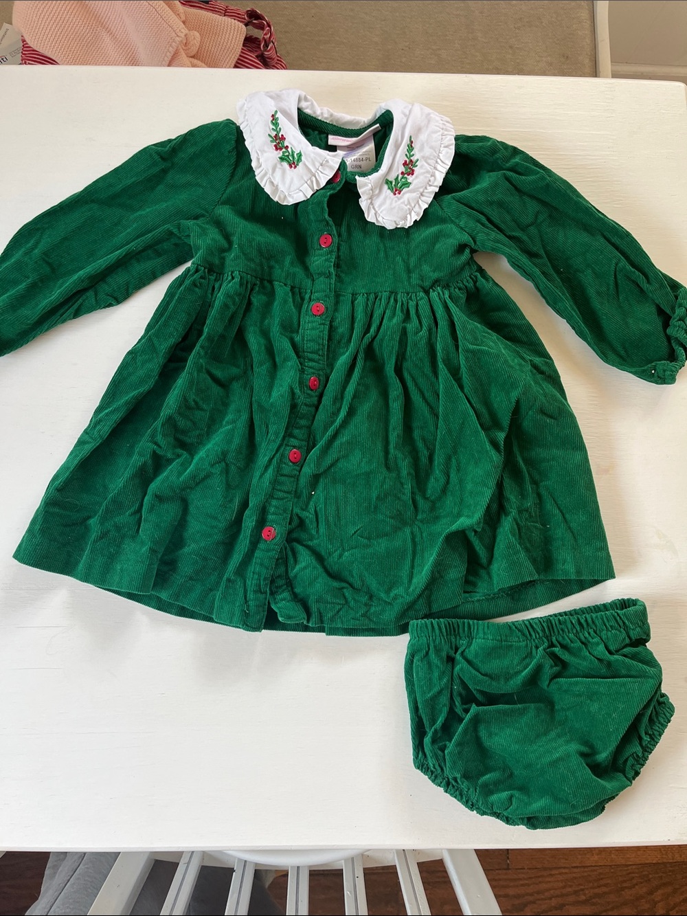 Bonnie Baby Green Corduroy Dress with White Embroidered Collar